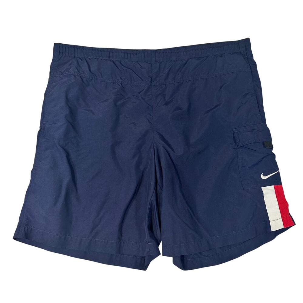 Vintage Nike Mens Navy Blue Cargo Swim Trunks Mesh Liner Red White Stripe Large